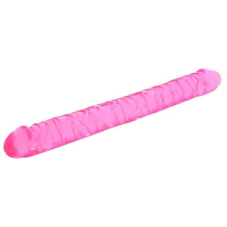 Check out an image of Translucent Silicone 16.5 Inch Double Dildo with realistic penis heads and raised veins in vibrant pink.