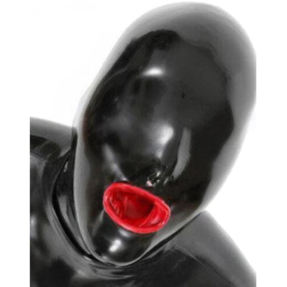 Check out an image of Sadistic Latex Mask Blowjob Trainer, a black latex mask designed for dominance and pleasure.
