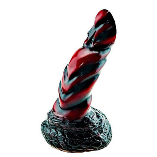 This is an image of a Lava Dragon Dildo Monster with red and black hues, ribbed shaft, and scaly base for better grip and control.
