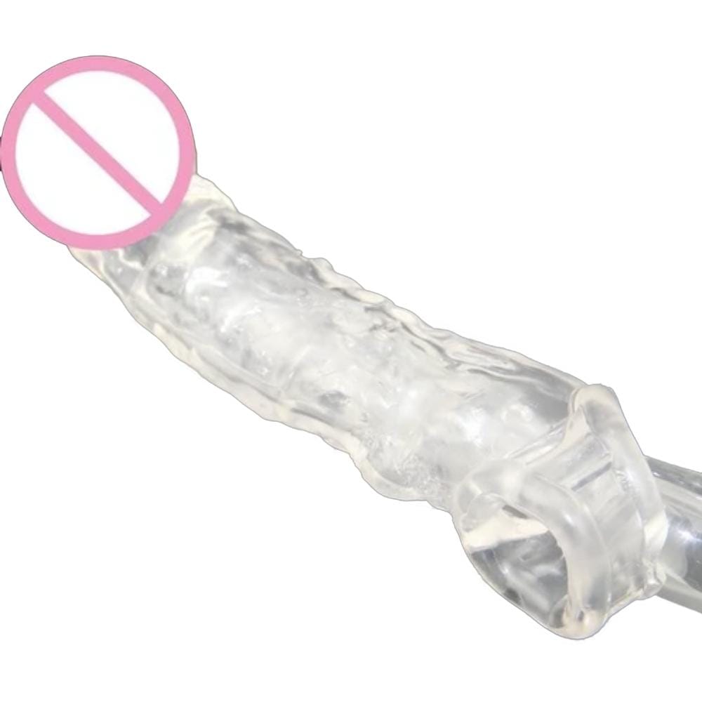 Transparent penis extender sleeve with dual ring feature for enhanced performance.