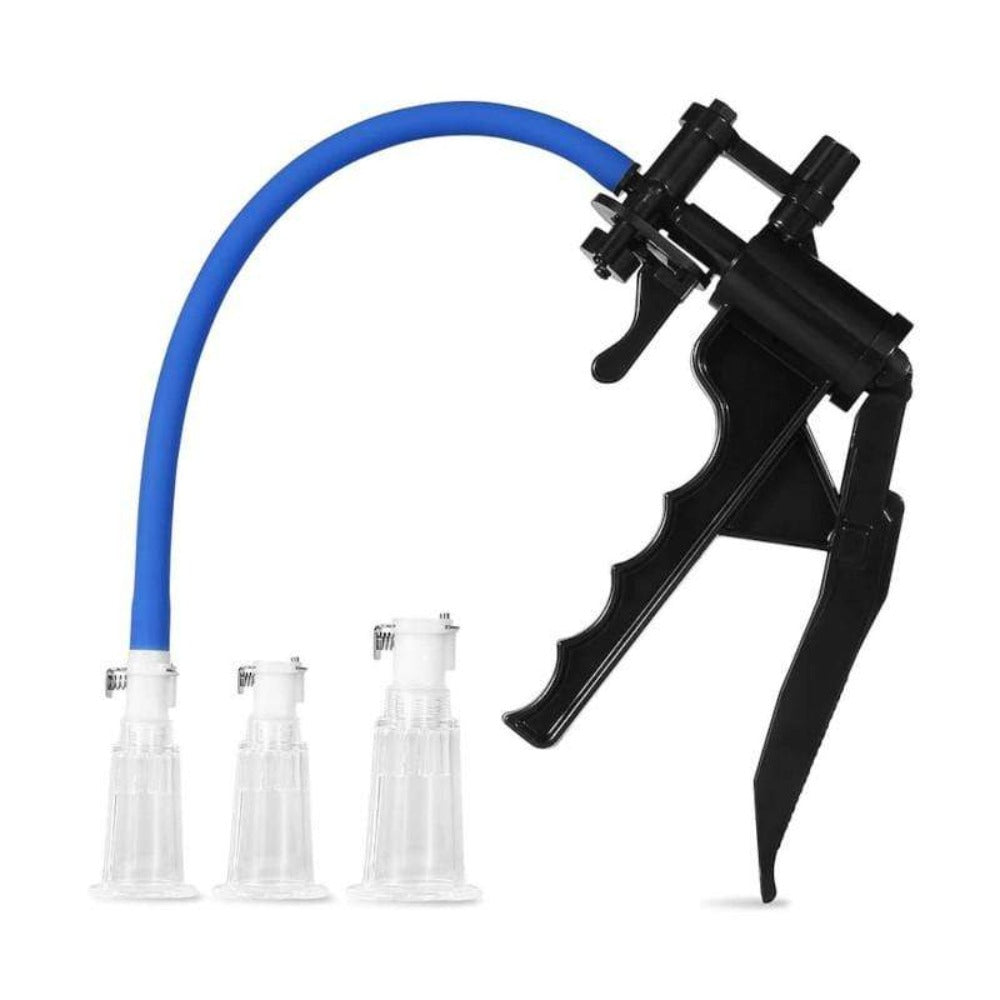 This is an image of Trigger Happy Stimulator Boob Toys Nipple Enlarger Vacuum Suction Pump with a pistol-grip handle for easy pumping.