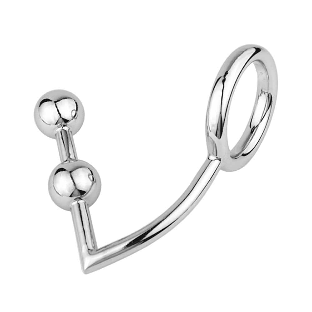 Intimate accessory featuring penis ring and anal hook with dual beads for intensified pleasure.