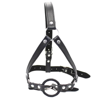 This is an image of a metal ring gag harness with an inner diameter of 1.54 inches and an outer diameter of 1.85 inches for a perfect fit.