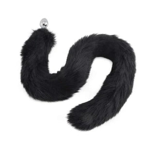 This is an image of 32-Inch Black Fox Tail Plug Stainless Steel with a lush black faux fur tail.