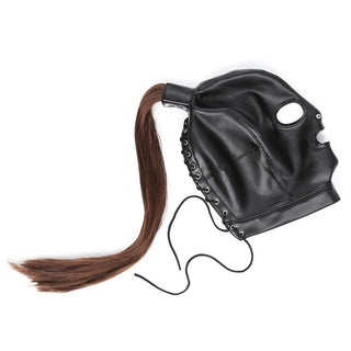 In the photograph, you can see an image of Leather Mask With Ponytail featuring a removable ponytail for added tactile excitement.