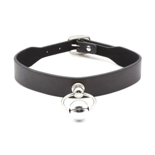 Check out an image of Faux Female Leather Puppy Play Collar in black PU leather with adjustable fit and attached bell.