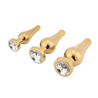 Image of gold cone-shaped stainless steel princess jeweled plug set trainer large toy for intimate play