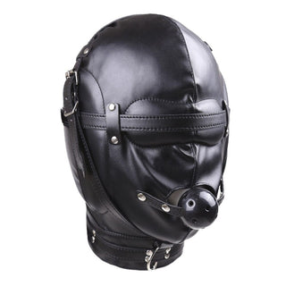 In the photograph, you can see an image of Sensory Deprivation Leather Slave in black PU Leather with adjustable straps and padded eye and ear cover.