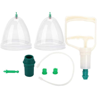 This is an image of Cupping Therapy Vacuum Tit Toy Stimulator Nipple Pump Sucker featuring breast cups and a hand pump for enhancing bust size and sensitivity.