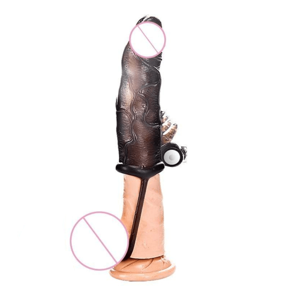 You are looking at an image of Meaty Extender Satisfaction Vibrating Cock Sleeve with an embedded egg vibrator for electrifying vibrations.