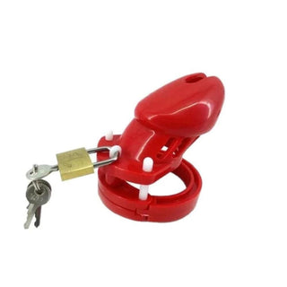 Pictured here is an image of a blushing red plastic chastity device for men