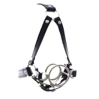 Check out an image of Stainless Throat Oral Bondage Harness displaying the dimensions of the vertical and horizontal head straps, face strap, chin strap, and gag rings for a secure fit.