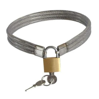 Featuring an image of Lockable Steel Wire Collar with intertwined stainless steel rods and lockable feature for enhanced intimacy.
