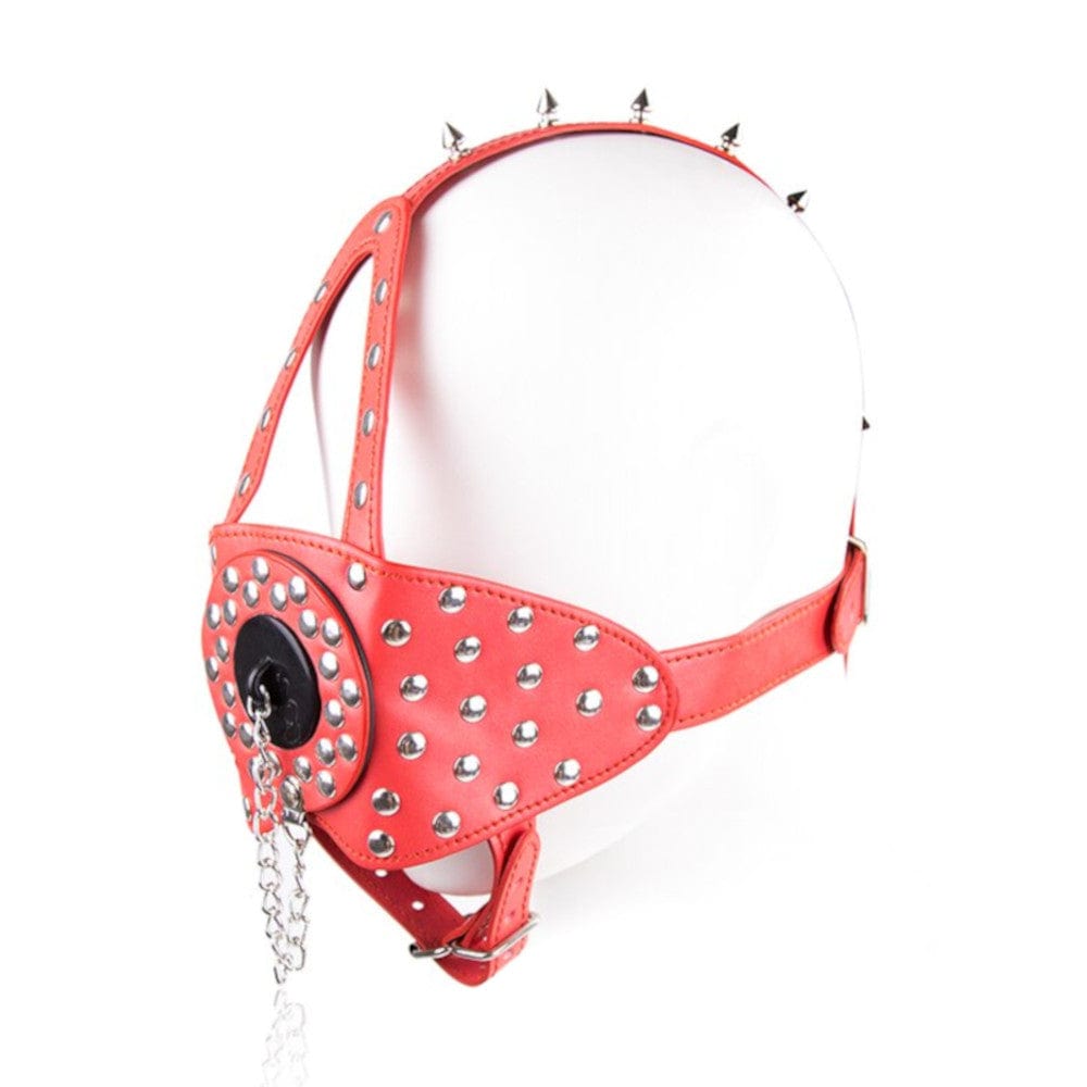 This is an image of Studded Gothic Face Muzzle in daring red color with stainless steel studs and spikes.