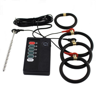 In the photograph, you can see an image of Ultimate Electric Penis Stimulation Set featuring power host, plugs, and rings for electrifying pleasure.