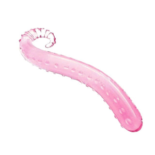 This is an image of a Pink Glass Octopus Tentacle Dildo, 6.7 inches long and 1.2 inches wide, made from premium quality glass in pink color with embossed dots for added sensation.
