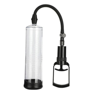 Observe an image of Erection-Extension Manual Clear Enlarger Penis Vacuum Pump, showcasing transparent pipe and black hand pump.
