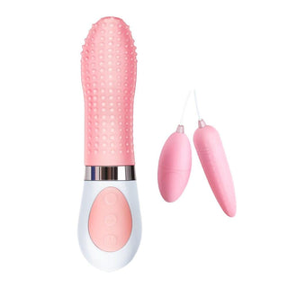 Presenting an image of Dotted Tongue Vibrating Kegel Balls, a pink vibrating ball made of silicone and ABS plastic with a length of 7.08 inches and a width of 1.57 inches.