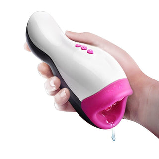 This is an image of Blowjob Provider Thrusting Auto Male Stroker in white and pink colors.