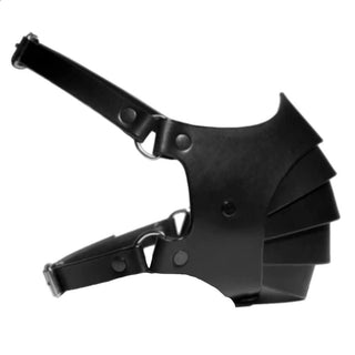 This is an image of Badass Armor-Like Muzzle Bondage, a BDSM accessory crafted from high-quality synthetic leather for durability and comfort.