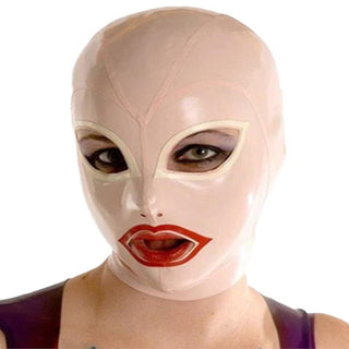 What you see is an image of Mysterious Female Latex Mask in baby pink color, designed for a seductive and mysterious allure.