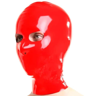 This is an image of Kinky Red Latex Mask BDSM Fetish in glossy red latex, designed to fit a variety of head and neck sizes for intensified pleasure.