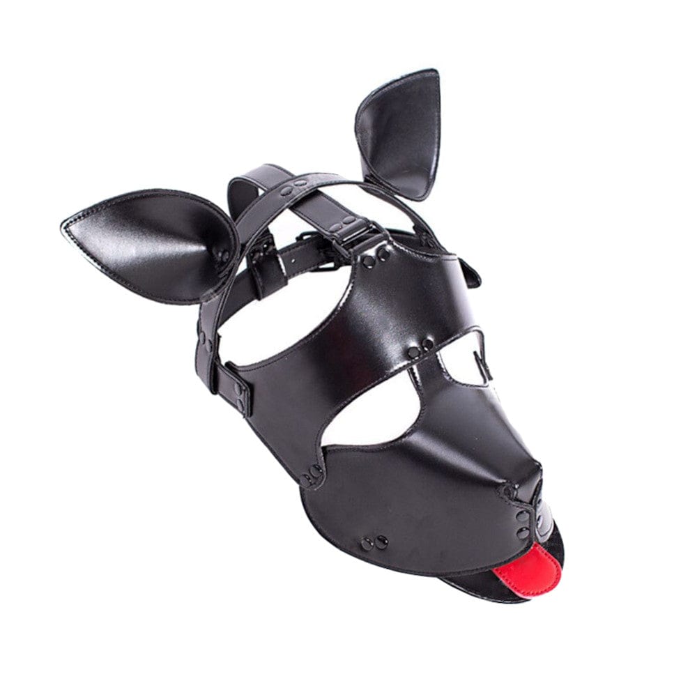 Displaying an image of Racy Pup Black Leather Puppy Hood, featuring adjustable sizing for a comfortable fit and a unique tongue design.