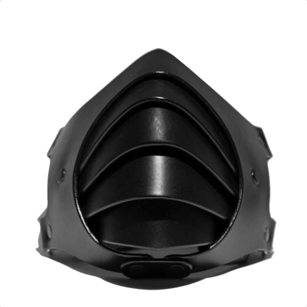 Check out an image of Badass Armor-Like Muzzle Bondage, a black synthetic leather mask with adjustable circumference for a secure and comfortable fit.