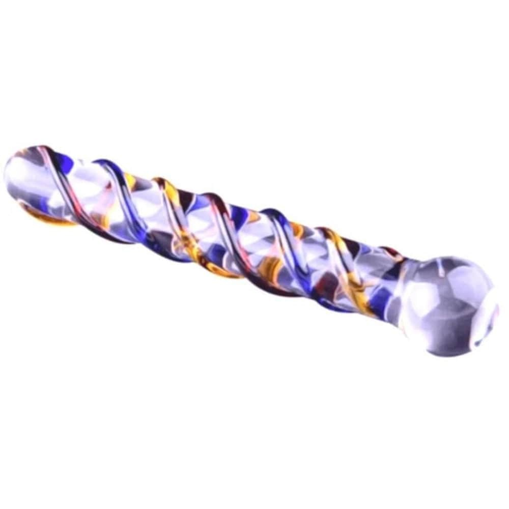 This is an image of a 7.09 inch glass dildo with silky smooth surface and swirls for heightened pleasure.