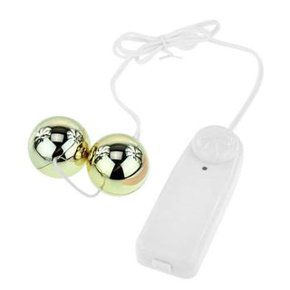Take a look at an image of Vibrating Orbs of Delight Metal Kegel Balls with remote control, designed for pleasure and pelvic muscle toning.