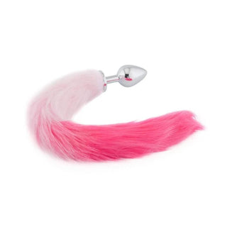 Observe an image of Sexy White and Pink Cat Stainless Steel Fox Tail Plug 18 Inches Long, showcasing the luxurious faux fur tail and stainless steel plug in silver, designed for maximum pleasure and visual appeal.