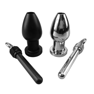 You are looking at an image of Metal Ass Dilator Hollow Anal Plug 4.53 Inches Long, featuring a sleek black and silver design with a hollow center and center rod for customization.