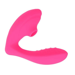 Presenting an image of ribbed G-spot stimulator and clitoral sucker in silicone material.