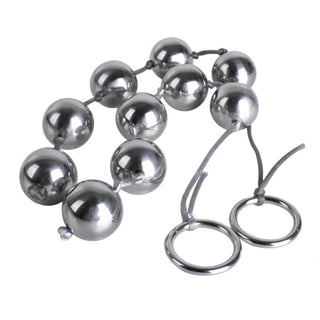 Displaying an image of Orgasmic Sensations Metal Anal Balls - High-quality metal anal balls designed with five spheres for tantalizing sensations.