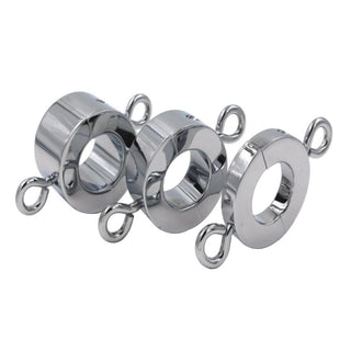 This is an image of Torture and Restraint Weighted Non-Vibrating Cock Ring in stainless steel with dimensions S- 0.47 inch height, 0.51 inch width, 1.30 inch diameter.