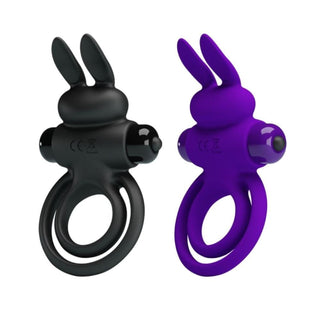 This is an image of Dual Ring | Lock 10-Speed Male Rabbit Vibrating Cock Ring Silicone in black and purple colors.
