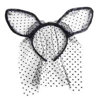 You are looking at an image of Playmate Fantasy Lace Bunny Mask, a black and white polyester net fabric mask with playful 4.33-inch ears and a comfortable headband.