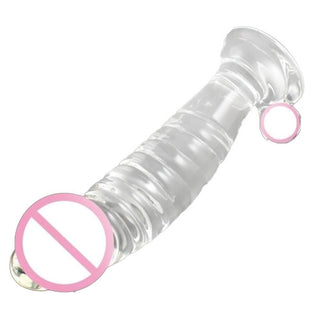 In the photograph, you can see an image of Clear Masturbation Crystal 7 Inch Curved Glass Dildo in transparent clear color, made of sturdy glass material.
