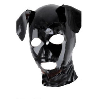 Feast your eyes on an image of Submissive Pooch Latex Hood Pup, a handcrafted latex mask designed for animal role play, with ear flaps and an open mouth design.