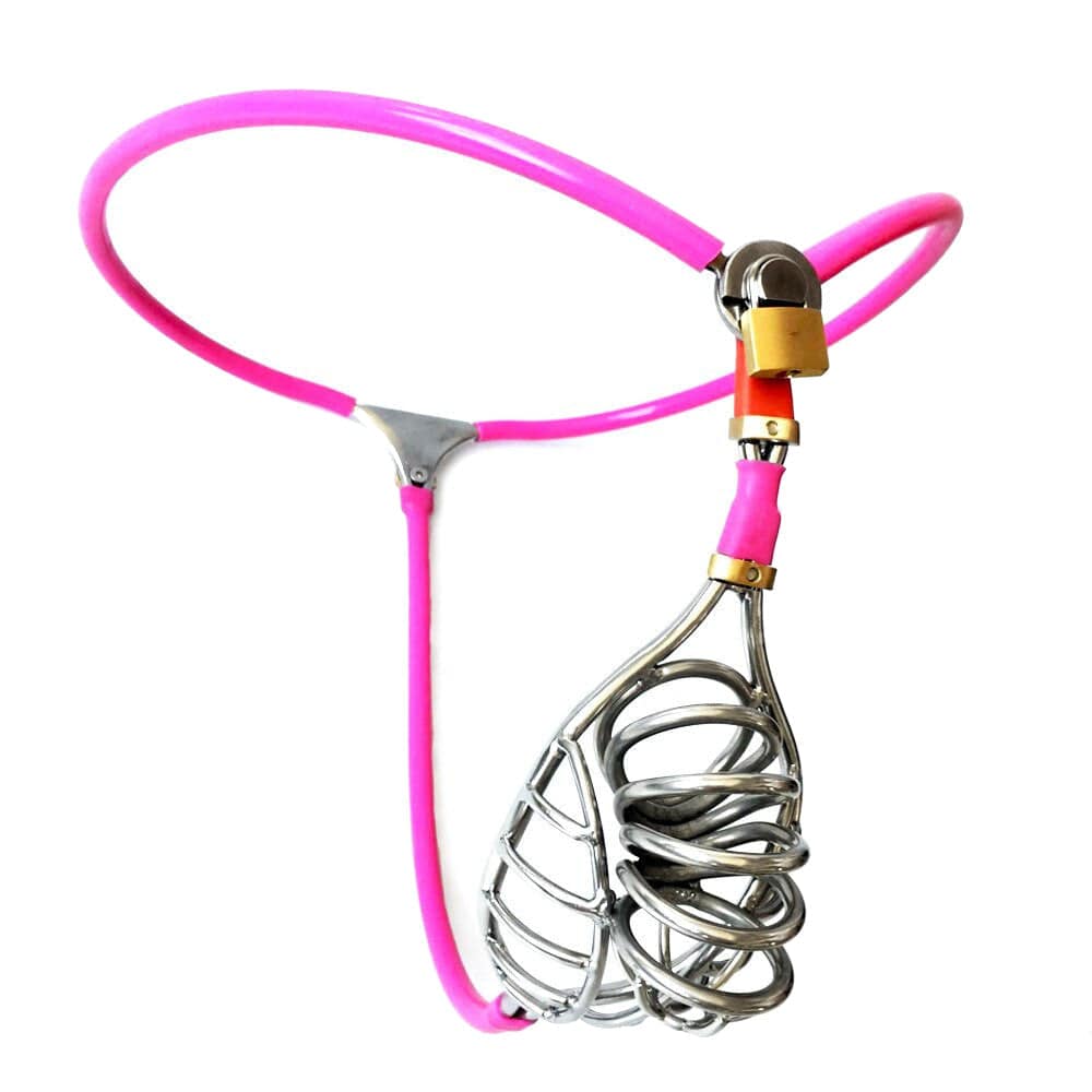 Take a look at an image of G-stringed Sissy Pink Chastity Cage Belt with adjustable waistline from 23 to 43 inches.