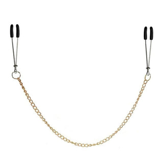 Feast your eyes on an image of Gold Chained Tweezer Nipple Clamps with rubber-coated tips for comfort and control.