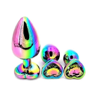 You are looking at an image of Rainbow Princess Heart Shaped Jewel Three Steel Plug Set Men, showcasing three heart-shaped plugs in gradient sizes for pleasure exploration.