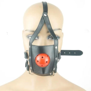 Image of Adjustable BDSM Mask Leather Sex Muzzle with red silicone gag and adjustable synthetic leather straps for enhanced bondage play