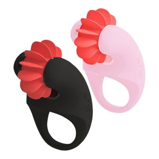 Featuring an image of Pleasure Windmill Silicone Vibrating Cock Ring for Her in black color made of silicone and ABS materials with a diameter of 1.18 inches.