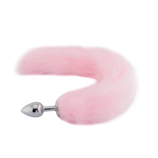 Image of stainless steel butt plug with 18-inch pink fox tail for enhancing intimate moments.