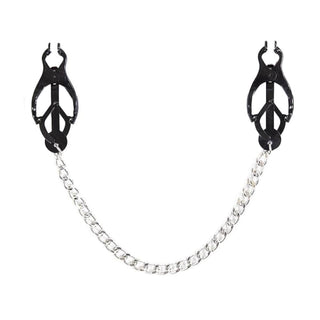 Pictured here is an image of Black Butterfly Nipple Clamps with Chain for sensory play and pleasure enhancement.