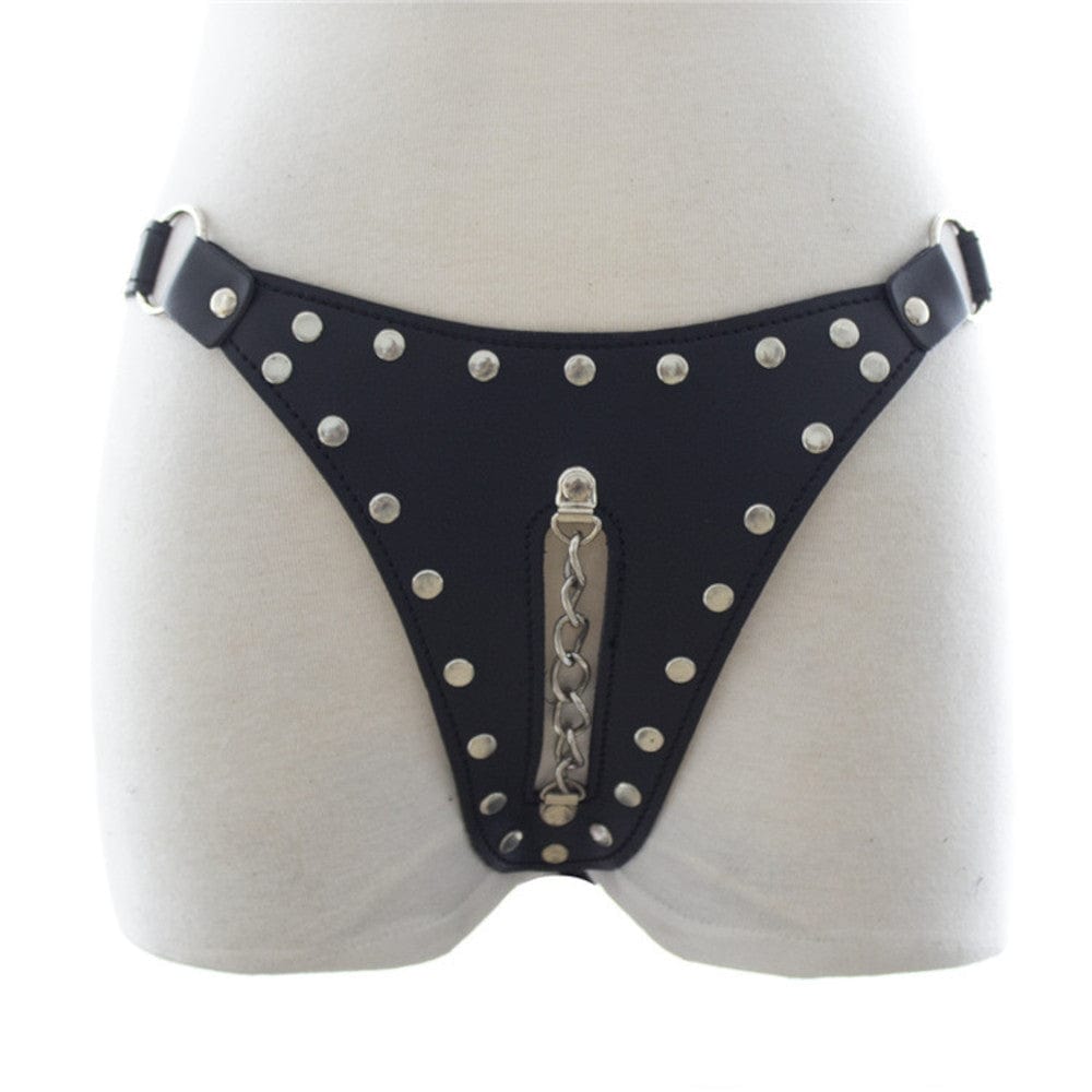 Featuring an image of Studded Leather Chastity Panty, featuring metal studs and a crotch chain for dominance and submission play.