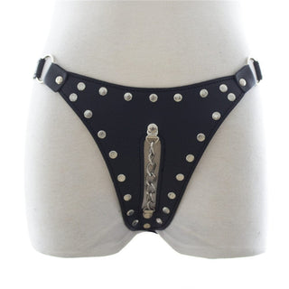 Featuring an image of Studded Leather Chastity Panty, featuring metal studs and a crotch chain for dominance and submission play.