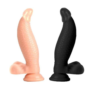 In the photograph, you can see an image of Serpentes Long Anal Dragon Dildo with intricate scale details and a curved body for G spot and P spot stimulation.