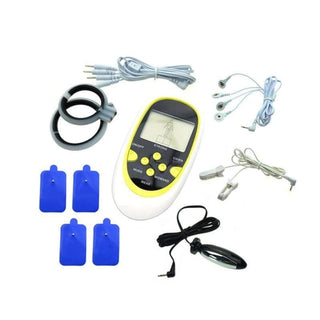 Observe an image of Next Level Vibrating E-Stim Machine Set featuring electro clamps, butt plug, penis rings, and massage patches for boundless pleasure.